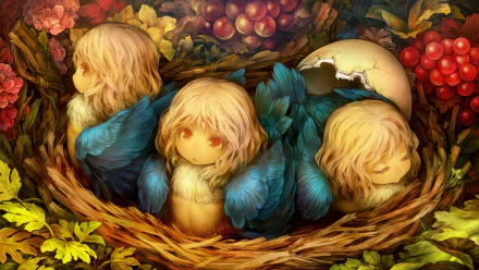Dragons Crown video game 2K Quad HD PC desktop wallpaper: three chick-like human figures with blue feathers nestled in a woven nest among grapes and autumn leaves, warm painterly style.