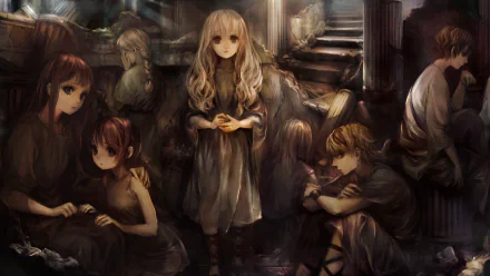 HD PC desktop wallpaper featuring characters from the video game Dragon's Crown in a dark, detailed, atmospheric scene centered on a blonde girl.