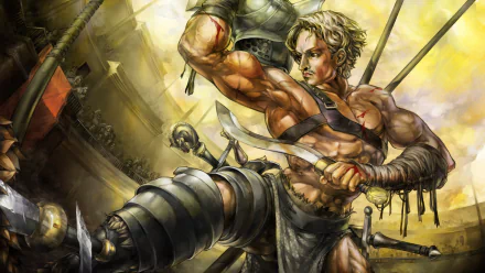 Dragons Crown video game 2K Quad HD PC wallpaper: muscular blond warrior straining a rope amid battle, bathed in golden light with armored foes and a ruined arena in the background.
