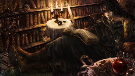 HD PC desktop wallpaper depicting a dark, moody scene from the video game Dragon's Crown, featuring a character reading in a dimly lit, book-filled room.