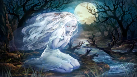 HD PC desktop wallpaper featuring a mystical white-haired character from the video game Dragon's Crown, set against a moonlit, eerie forest landscape.