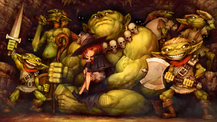 HD PC desktop wallpaper featuring characters from the video game Dragon's Crown, showcasing goblins and a large ogre-like creature with a girl resting on its arm.