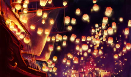 A vibrant HD wallpaper from the movie Tangled, featuring a scene filled with glowing lanterns floating in a dark sky, creating a magical atmosphere.