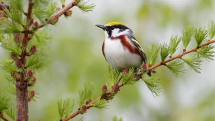 A Chestnut-sided Warbler perched on a lush branch, showcasing its vibrant colors against a soft, blurred background—an enchanting HD desktop wallpaper.