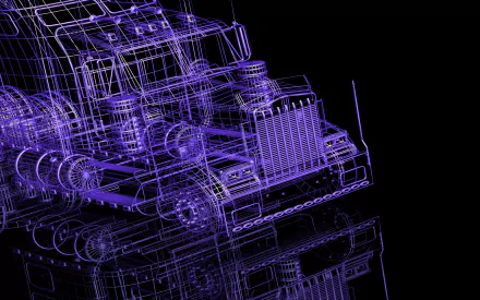 Artistic 3D wireframe model of a truck, rendered in purple lines on a black reflective surface, designed as an HD PC desktop wallpaper background.
