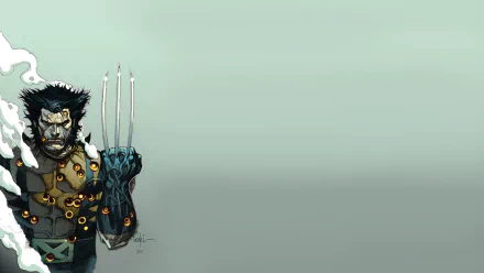 HD PC desktop wallpaper featuring a comic-style Wolverine with claws extended, positioned on the left against a muted green background.