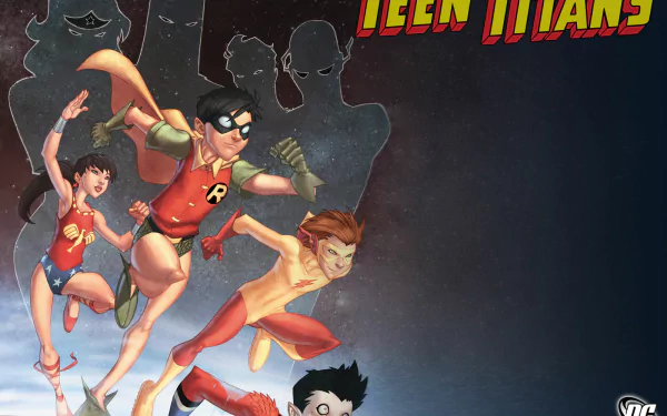 A vibrant HD desktop wallpaper featuring Aquaman, Batman, Flash, Wonder Girl, and other DC Comics heroes, showcasing the Teen Titans in dynamic action.