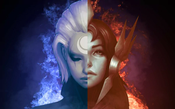 HD artwork featuring Leona and Diana from League of Legends, showcasing a striking division of light and darkness with vibrant colors and dynamic smoke effects.