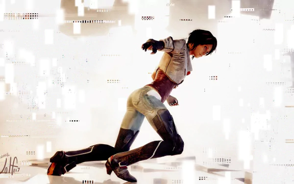 HD PC desktop wallpaper featuring Nilin from the video game Remember Me in a dynamic running pose against a fragmented digital background.