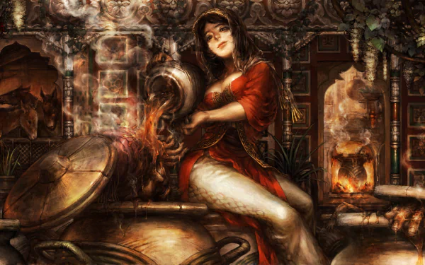 HD PC desktop wallpaper of Dragons Crown video game: sultry sorceress in a red gown stirring a steaming cauldron in an ornate, torchlit alchemy workshop.