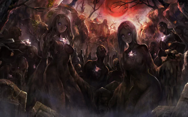 HD PC desktop wallpaper featuring dark, eerie characters from the video game Dragon's Crown surrounded by a haunting, fiery background.