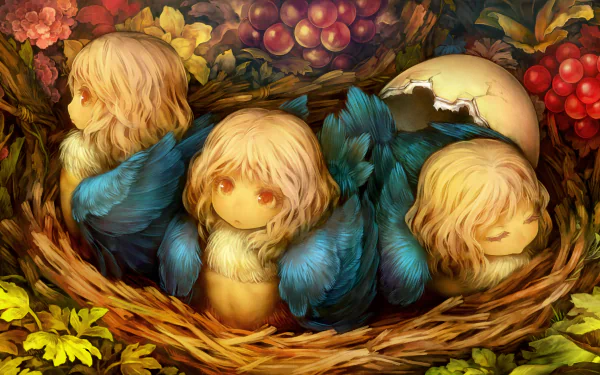 Dragons Crown video game 2K Quad HD PC desktop wallpaper: three chick-like human figures with blue feathers nestled in a woven nest among grapes and autumn leaves, warm painterly style.