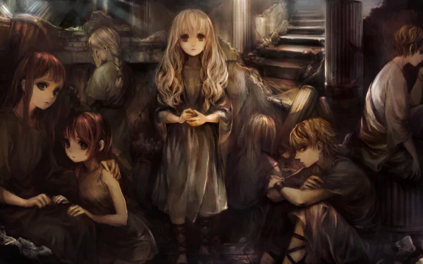HD PC desktop wallpaper featuring characters from the video game Dragon's Crown in a dark, detailed, atmospheric scene centered on a blonde girl.