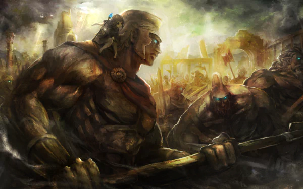 Dragons Crown video game 2K Quad HD PC desktop wallpaper: muscular warriors clash in a foggy, ruined fantasy city, their eyes glowing under stormy, golden light.