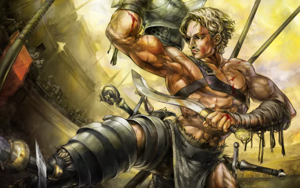 Dragons Crown video game 2K Quad HD PC wallpaper: muscular blond warrior straining a rope amid battle, bathed in golden light with armored foes and a ruined arena in the background.