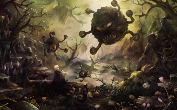 HD PC desktop wallpaper from the video game Dragon’s Crown featuring dark, eerie floating eyeball monsters in a misty, twisted forest setting.