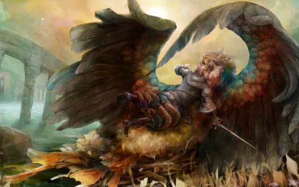 HD PC desktop wallpaper featuring a dramatic scene from the video game Dragon's Crown, showcasing a winged creature and a warrior in a fantasy setting.