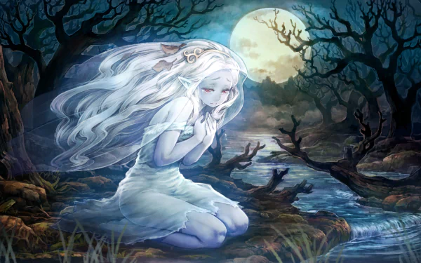HD PC desktop wallpaper featuring a mystical white-haired character from the video game Dragon's Crown, set against a moonlit, eerie forest landscape.