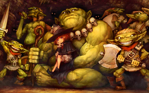 HD PC desktop wallpaper featuring characters from the video game Dragon's Crown, showcasing goblins and a large ogre-like creature with a girl resting on its arm.