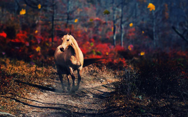 HD desktop wallpaper of a horse galloping along a forest path amidst vibrant autumn foliage.