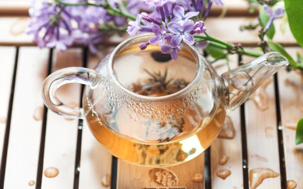 HD PC desktop wallpaper featuring a clear glass teapot with blooming tea, decorated with delicate purple flowers on a wooden surface.