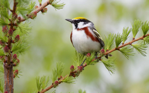 A Chestnut-sided Warbler perched on a lush branch, showcasing its vibrant colors against a soft, blurred background—an enchanting HD desktop wallpaper.