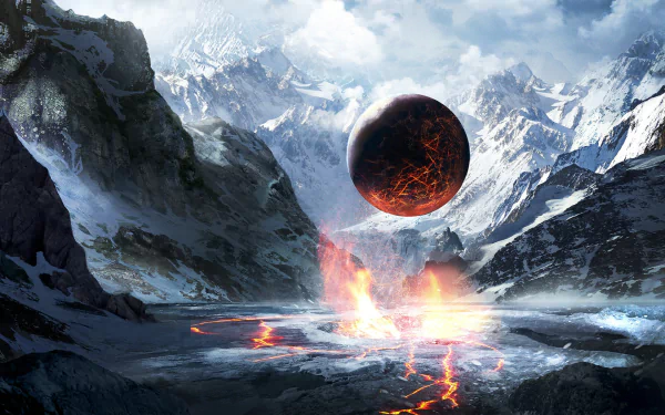 HD sci-fi desktop wallpaper depicting a fiery, molten sphere colliding with a snowy mountainous landscape, creating an explosive eruption of lava and smoke.
