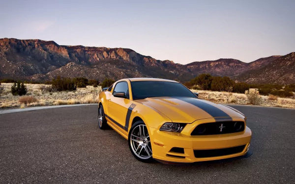 A striking Ford Mustang Shelby in vibrant yellow and black parked against a scenic mountain backdrop, featured as an HD PC desktop wallpaper and background.