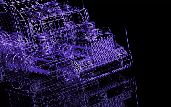 Artistic 3D wireframe model of a truck, rendered in purple lines on a black reflective surface, designed as an HD PC desktop wallpaper background.