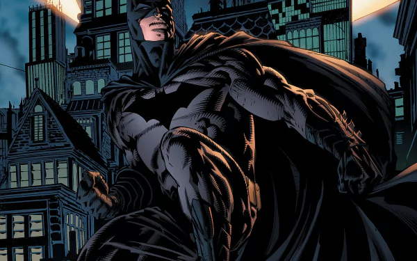 Comic-style Batman (The Dark Knight) crouched on a rooftop, cape billowing against a neon-lit Gotham skyline — HD PC desktop wallpaper background.