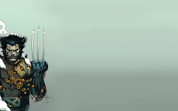 HD PC desktop wallpaper featuring a comic-style Wolverine with claws extended, positioned on the left against a muted green background.