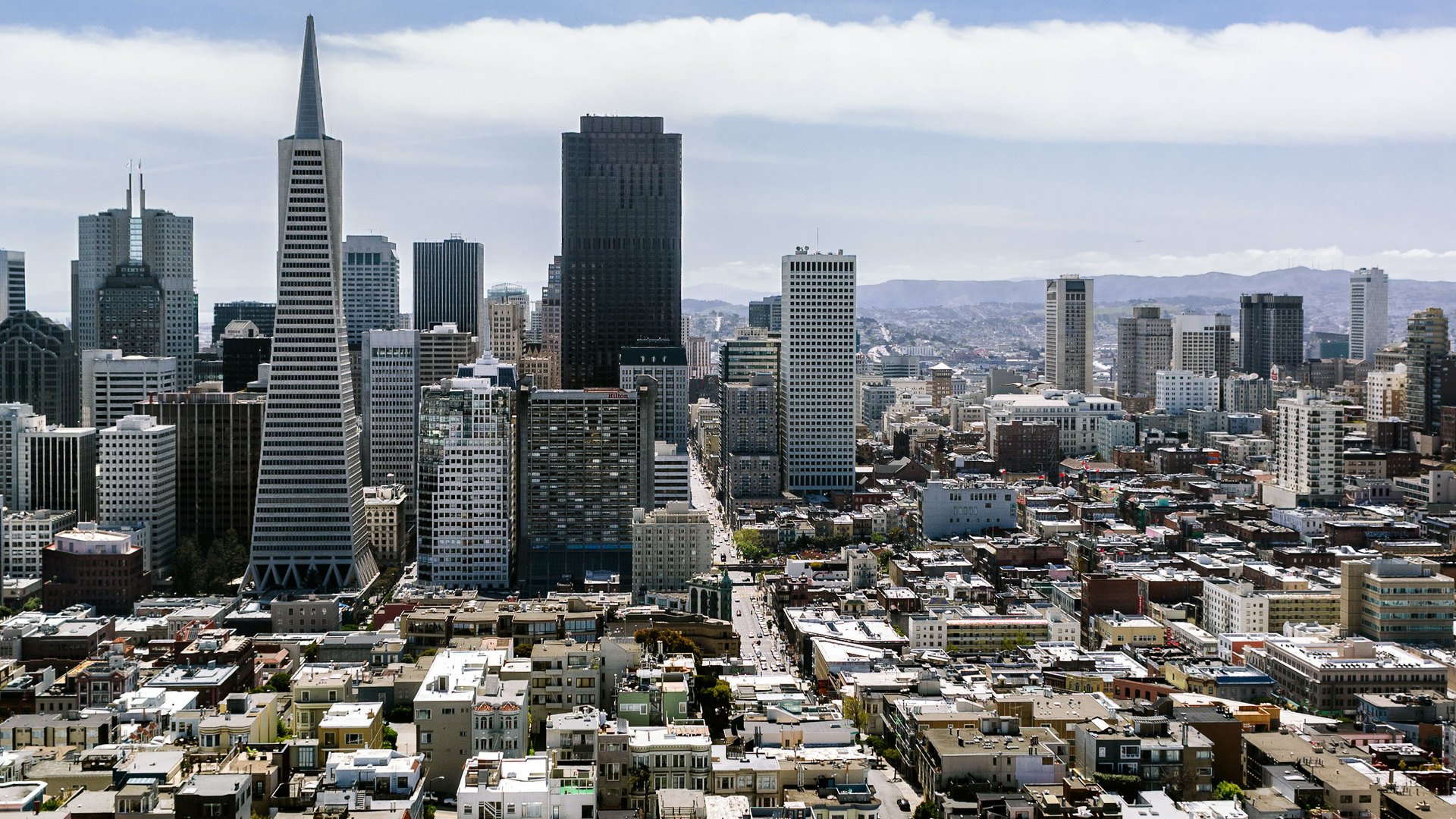 HD PC desktop wallpaper of San Francisco's man-made skyline: dense city blocks and soaring skyscrapers under a pale, cloudy sky.