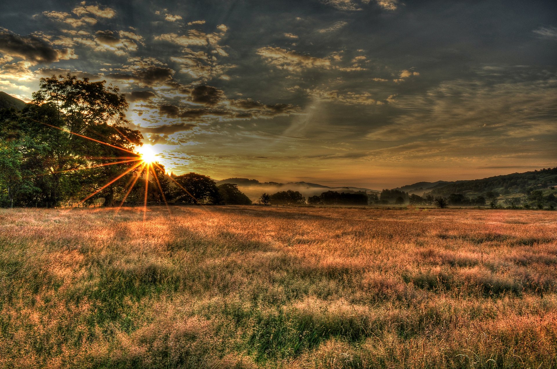 HD desktop wallpaper showing a sunbeam breaking through clouds over a vast grassy field with trees, capturing the beauty of nature at sunrise or sunset.