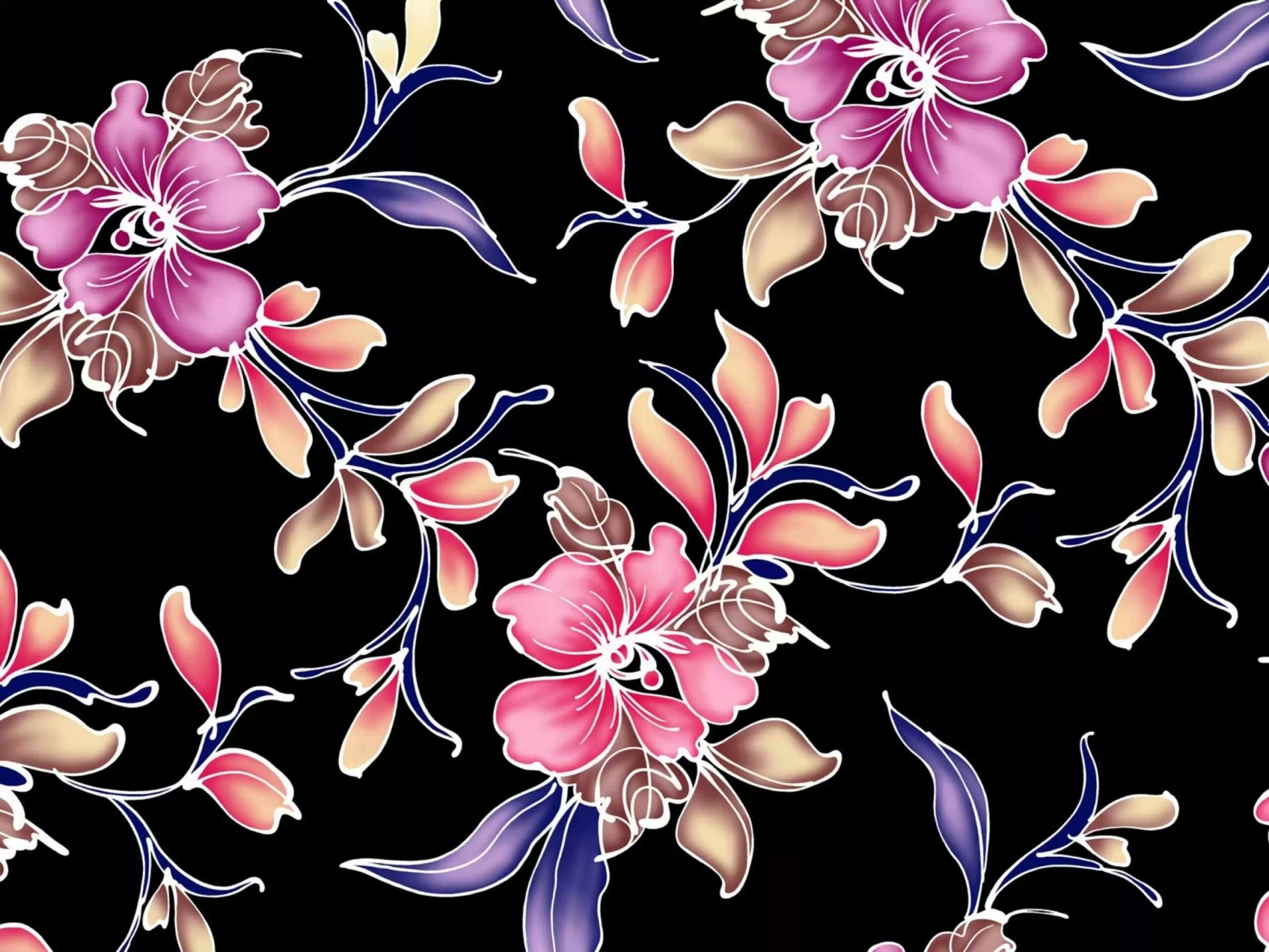 Artistic HD PC desktop wallpaper featuring vibrant pink and purple flowers with delicate petals set against a black background.