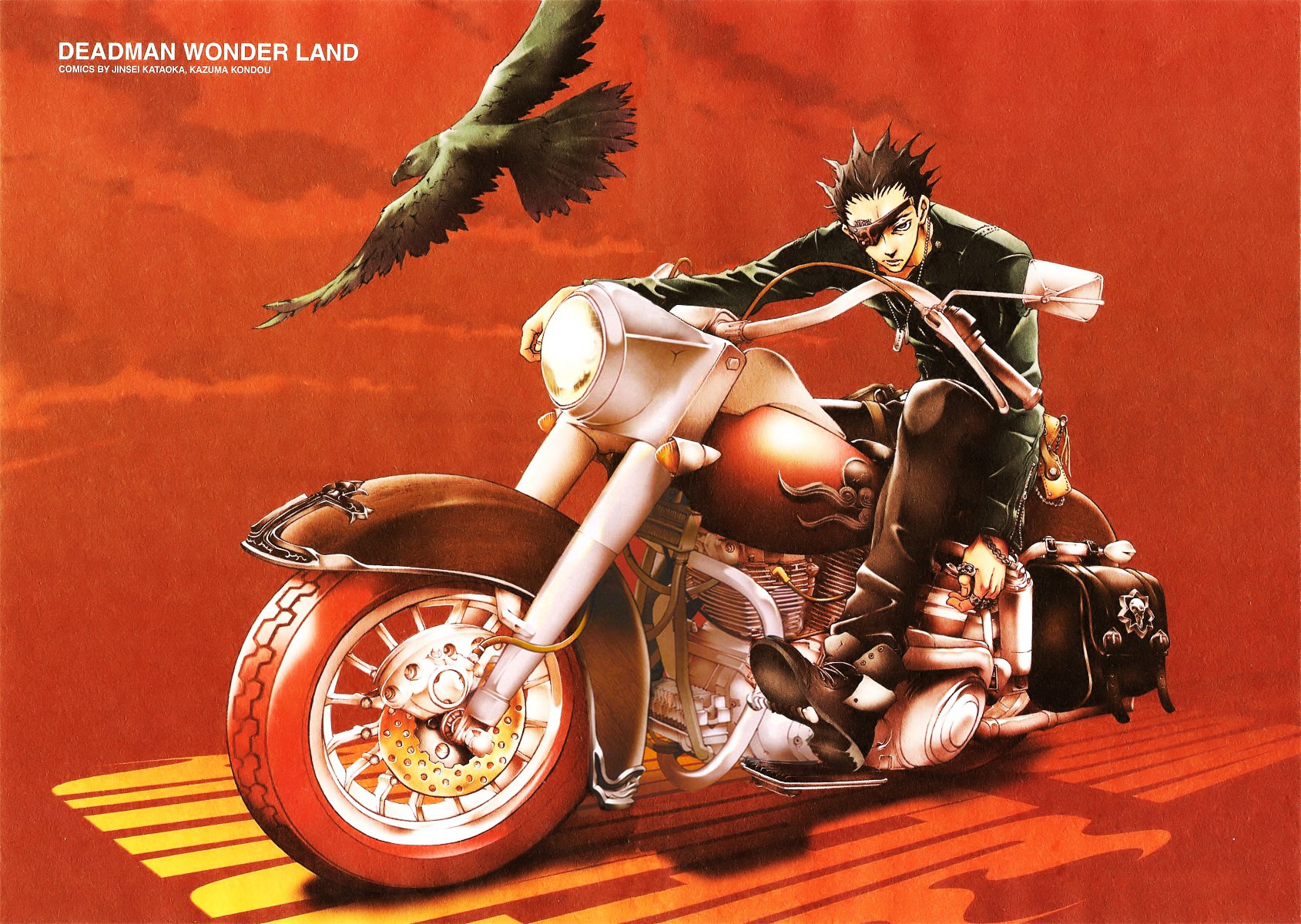 HD anime desktop wallpaper featuring Kiyomasa Senji from Deadman Wonderland, posed confidently on a detailed motorcycle against a vibrant red background.