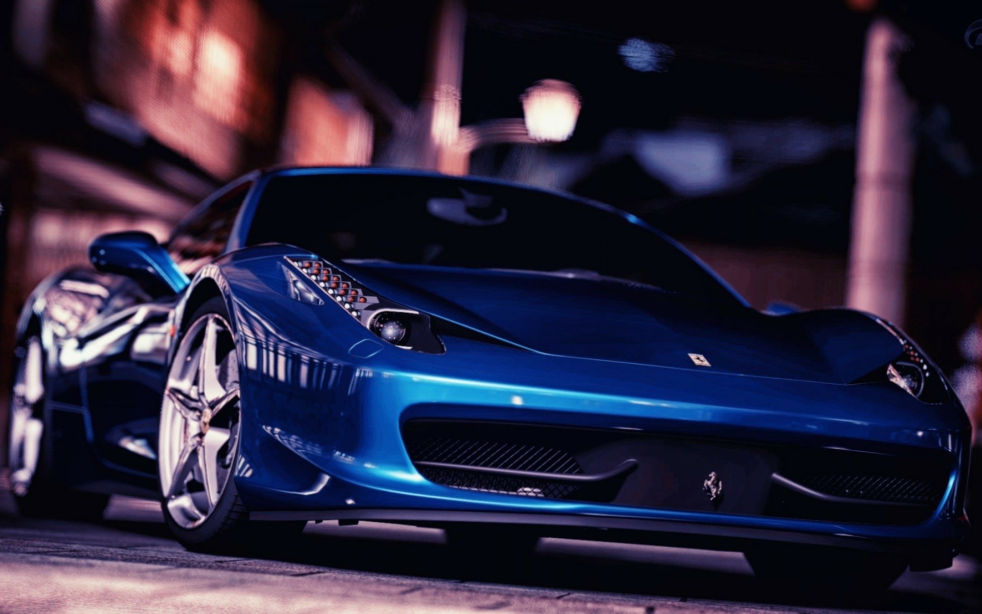 HD desktop wallpaper featuring a sleek blue Ferrari vehicle captured in a nighttime urban setting with reflective surfaces and dynamic lighting.