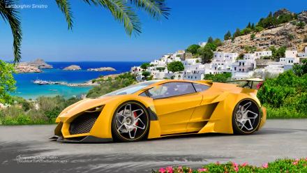 HD desktop wallpaper showcasing the Lamborghini Sinistro Concept. The vibrant yellow car is parked against a picturesque coastal backdrop with white houses, lush greenery, and a bright blue sea.
