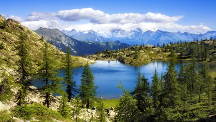 A serene lake surrounded by lush greenery and majestic mountains under a blue sky, capturing the beauty of nature in this stunning HD desktop wallpaper.