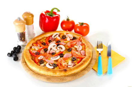 A vibrant 4K Ultra HD desktop wallpaper featuring a freshly baked pizza topped with mushrooms, olives, and vegetables, accompanied by peppers, tomatoes, and seasonings on a white background.