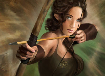HD wallpaper featuring Jennifer Lawrence as Katniss Everdeen, showcasing her in a dynamic stance with a bow and arrow, capturing the essence of The Hunger Games.