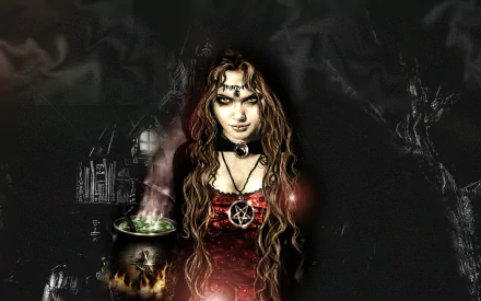 HD desktop wallpaper depicting a fantasy witch holding a glowing cauldron, set against a dark, eerie background with ghostly figures and a haunted house.