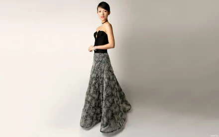 HD desktop wallpaper featuring celebrity Zhang Ziyi in an elegant black lace gown against a light, minimalist background.
