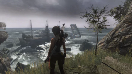 Lara Croft from Tomb Raider (2013) stands on a cliff overlooking a stormy sea with wrecked ships, captured in an HD PC desktop wallpaper from the video game.