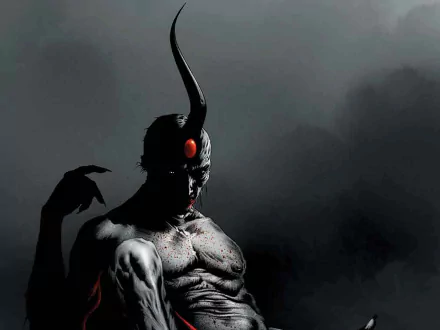 HD PC wallpaper: Dark Tower comic The Long Road Home — horned, muscular demon with a glowing red eye and blood-splattered chest emerging from smoky darkness.