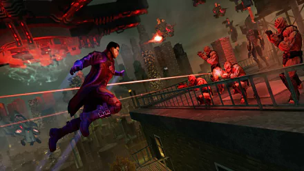 An action-packed scene from Saints Row IV, featuring a character leaping between buildings while engaging with enemy forces in a futuristic cityscape. HD PC desktop wallpaper.