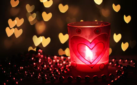 A soft-focus candle in a heart-shaped glass glows warmly against a backdrop of heart-shaped bokeh lights, creating a romantic atmosphere. This HD photography serves as a beautiful desktop wallpaper.