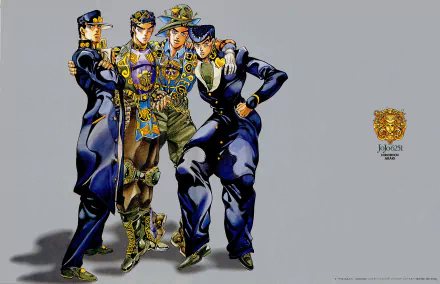 High-definition wallpaper featuring Josuke Higashikata and Jotaro Kujo from the anime Jojo's Bizarre Adventure, showcasing their iconic poses and stylish outfits.