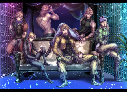 HD desktop wallpaper featuring Diego Brando and Dio Brando from the anime Jojo's Bizarre Adventure. Several characters are depicted in a regal and dramatic arrangement with intricate backgrounds.