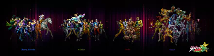 A vibrant HD desktop wallpaper featuring characters from Jojo's Bizarre Adventure, showcasing iconic heroes on one side and formidable foes on the other, set against a dynamic background.