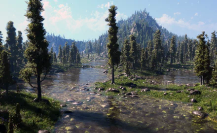 HD PC desktop wallpaper showcasing a serene natural landscape with tall trees, a flowing stream, and distant forested mountains under a bright blue sky.